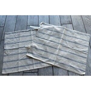 BEE & WILLOW Beige Blue Stripes Tie Closure Standard Pillow Shams Cotton Set 2